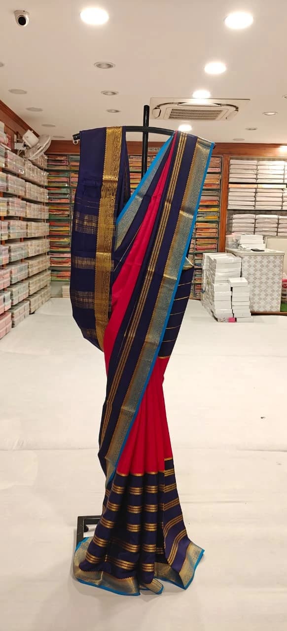 PURE MYSORE SILK PINK BODY BLUE BORDER